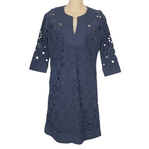 Gretchen Scott Ethereal‎ Dress XS Navy Blue Eyelet Navy Blue Lined V-Neck Shift